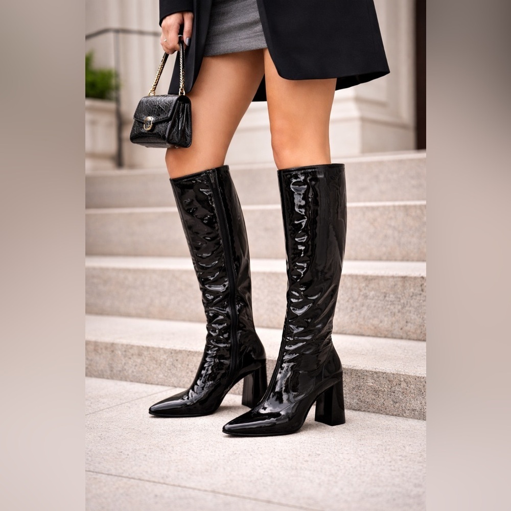 Sam Edelman Size 10.5 Black Patent Knee-High Boots – Pointed Toe Block Heel -New